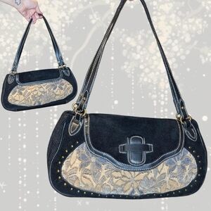 SOLD The SAK Black Suede And Tapestry Paisley Shoulder Bag